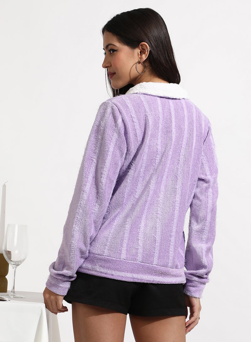 Campus Sutra Women's Lilac Textured Self-Design Striped Sweatshirt  - Image 5