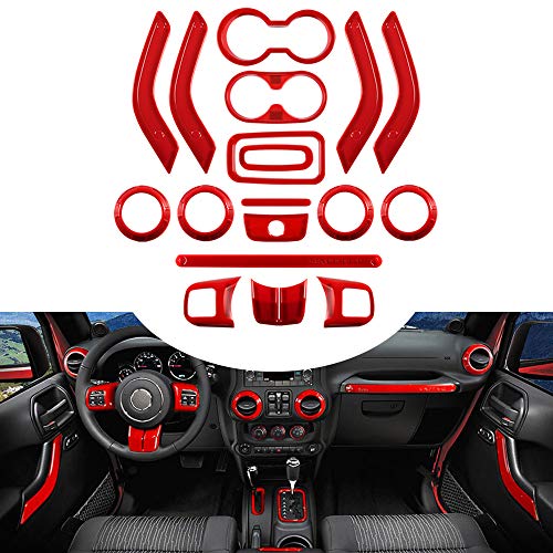 Opall Full Set Interior Decoration Kit - Steering Wheel & Center Console Air Outlet Trim, Door Handle Cover Inner, Passenger Seat Handle Trim for Jeep Wrangler JK JKU (18 X Red) - Image 1