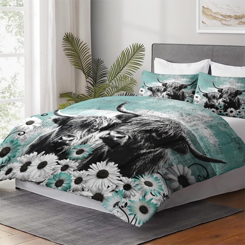 WeCozy Comforter Set King Size with 2 Pillowcases, Farm Daisy 3 Pcs Bedding for Kids and Adults, Highland Cow Animal Soft Comforter Set for Bedroom Bed Decor - Image 4
