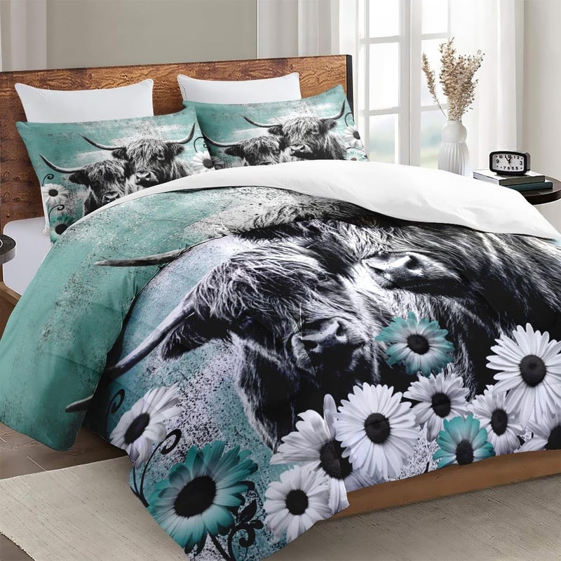 WeCozy Comforter Set King Size with 2 Pillowcases, Farm Daisy 3 Pcs Bedding for Kids and Adults, Highland Cow Animal Soft Comforter Set for Bedroom Bed Decor - Image 3