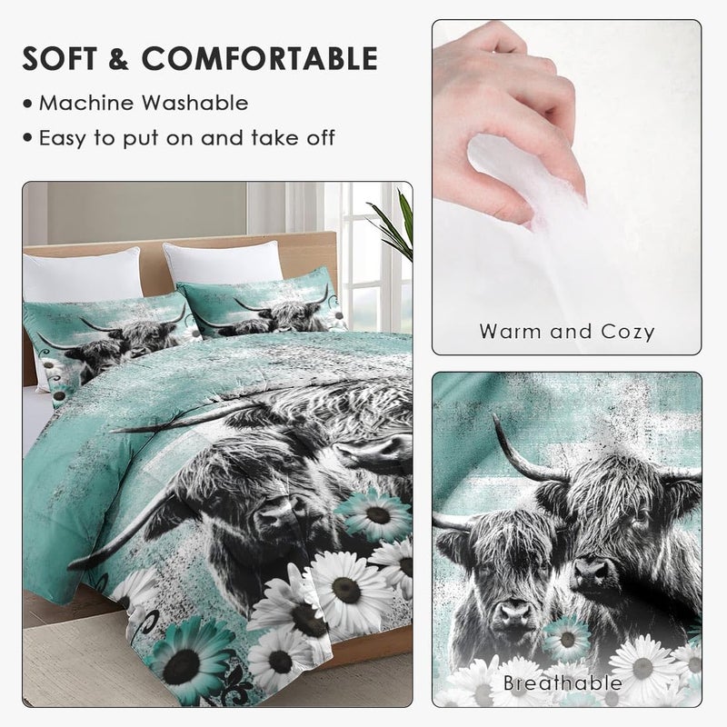 WeCozy Comforter Set King Size with 2 Pillowcases, Farm Daisy 3 Pcs Bedding for Kids and Adults, Highland Cow Animal Soft Comforter Set for Bedroom Bed Decor - Image 5