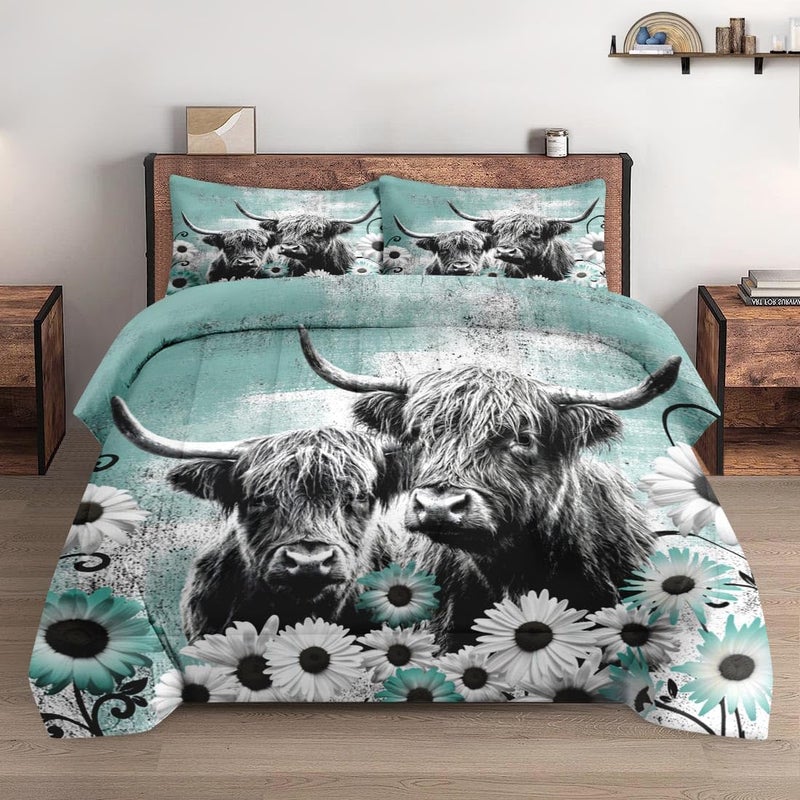 WeCozy Comforter Set King Size with 2 Pillowcases, Farm Daisy 3 Pcs Bedding for Kids and Adults, Highland Cow Animal Soft Comforter Set for Bedroom Bed Decor - Image 1