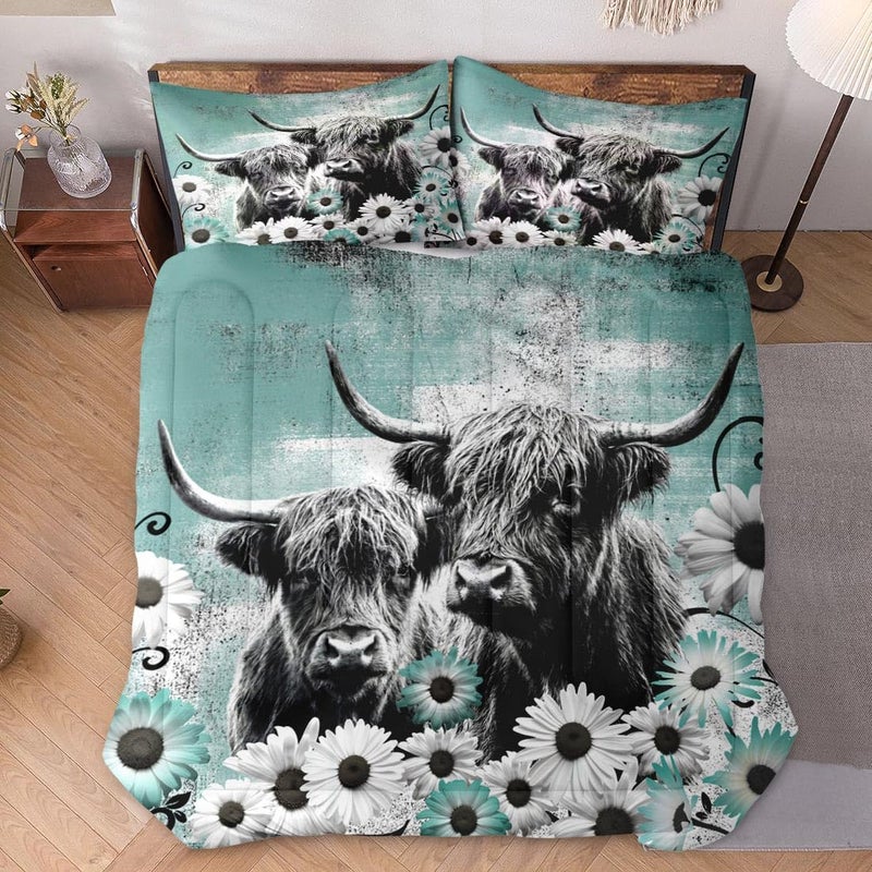 WeCozy Comforter Set King Size with 2 Pillowcases, Farm Daisy 3 Pcs Bedding for Kids and Adults, Highland Cow Animal Soft Comforter Set for Bedroom Bed Decor - Image 2
