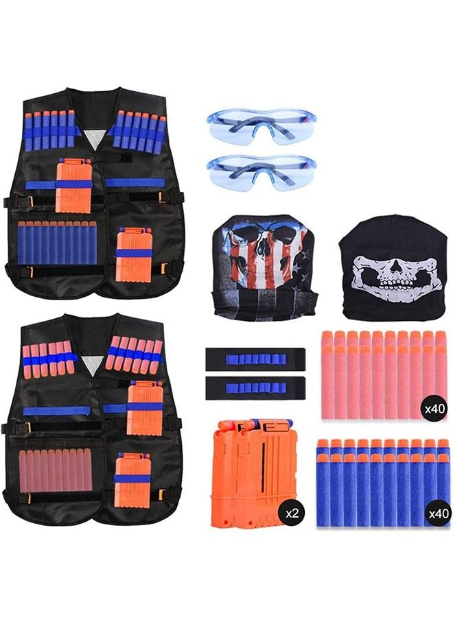 Beauenty Sets Kids Tactical Vest Kit Kids Elite Tactical Vest Kit For Nerf N strike Elite Series 2 Pack Jacket with 2 Wrist Bands 2 Quick Reload Clips 2 Protective Glasses 40 Bullets and 2 Face Tube Mask - Image 1