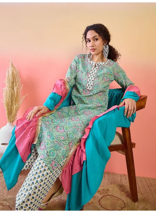 أيه كيه إس Mint Green Printed Cotton Kurta Afgani Pant Set With Ruffled Dupatta