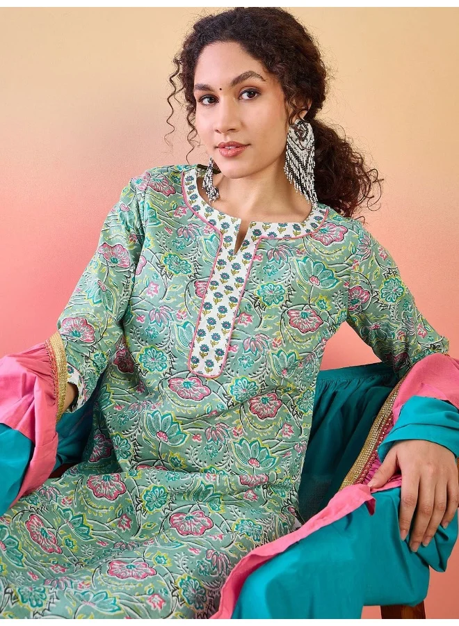 أيه كيه إس Mint Green Printed Cotton Kurta Afgani Pant Set With Ruffled Dupatta