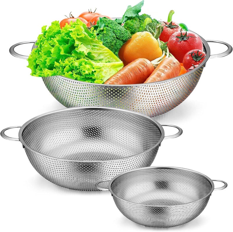 FEELING MALL Micro Perforated Stainless Steel Set of 3 Strainer 31/25/23 cm Colander Strainer Drainer Heavy Duty Kitchen Strainer with Handle - Sieve for Kitchen, Pasta, Vegetables, Fruit, Rice - Image 1