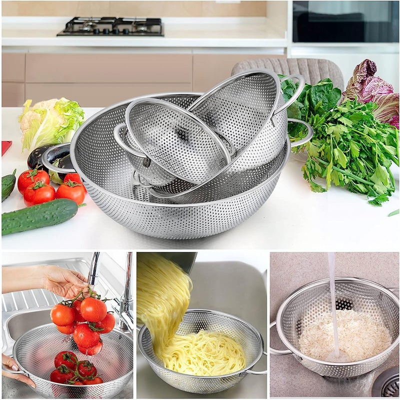 FEELING MALL Micro Perforated Stainless Steel Set of 3 Strainer 31/25/23 cm Colander Strainer Drainer Heavy Duty Kitchen Strainer with Handle - Sieve for Kitchen, Pasta, Vegetables, Fruit, Rice - Image 2