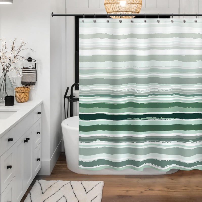 Sunlit OMBRE SAGE GRAY SLUBBED SLUBBED SARTAIN SAGE GREEN و WHITE Stripe Stripe Stertains for Bathroom Decoration Wave Striped Bathrate Stertains 71x71 - Image 3