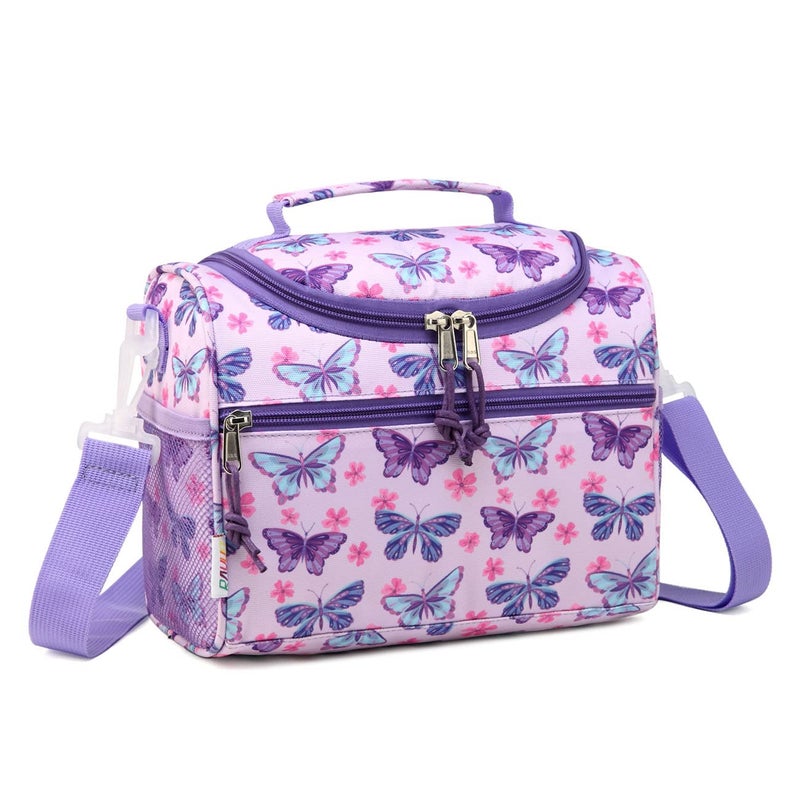 RAVUO Lunch Box for Girls Insulated Cute Butterfly Lunch Box with Strap and Bottle Holder Cooler Lunchbox Back to School Thermal Meal Tote Kit for Toddler