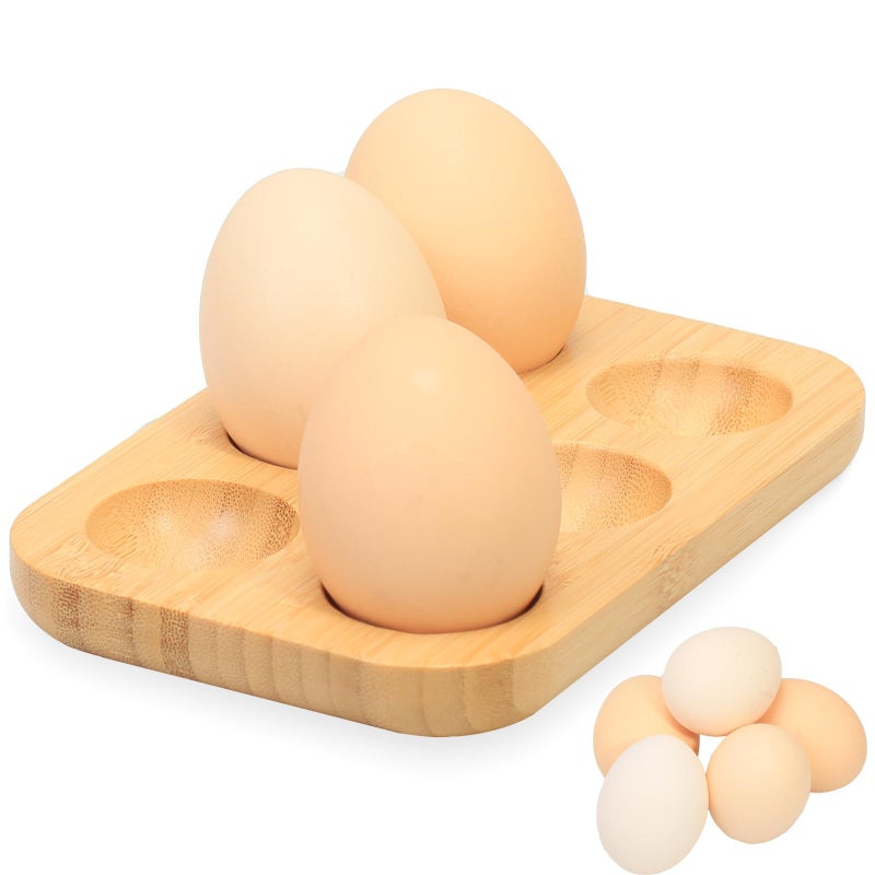 Bamboo Deviled Egg Tray with 6 Holes, Wooden Egg Holder for Fridge and Kitchen Countertop, 12x10x7 cm
