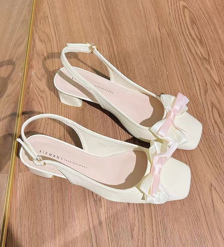 Square Toe Chunky Heel Sandals with Bowknot for Women 2024 milky white