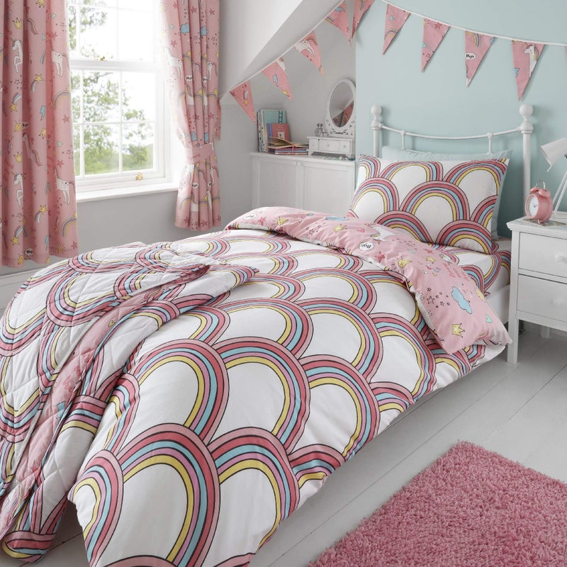 Happy Linen Company Happy Linen Company Girls Kids Unicorns Rainbows Pink Single Reversible Duvet Cover Bedding Set - Image 2