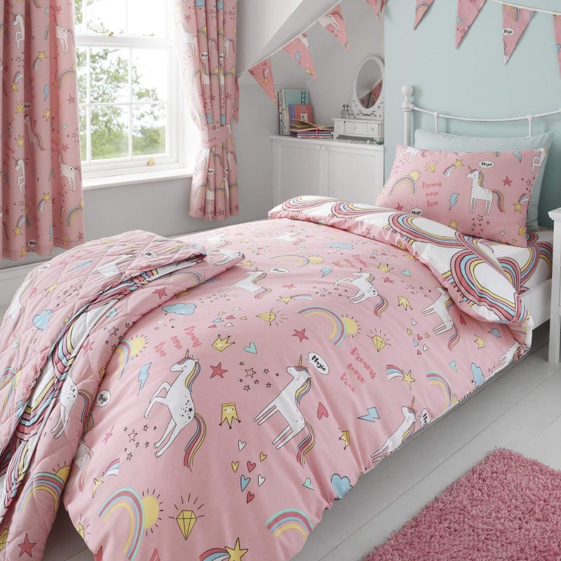 Happy Linen Company Happy Linen Company Girls Kids Unicorns Rainbows Pink Single Reversible Duvet Cover Bedding Set - Image 1