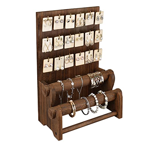 Ikee Design 18 Hooks and 2 Removable Bars Wood Jewelry Holder Organizer Stand Earring Bracelet Jewelry Display Stand Organizer Necklace Bracelet Holder Brown Color - Image 1
