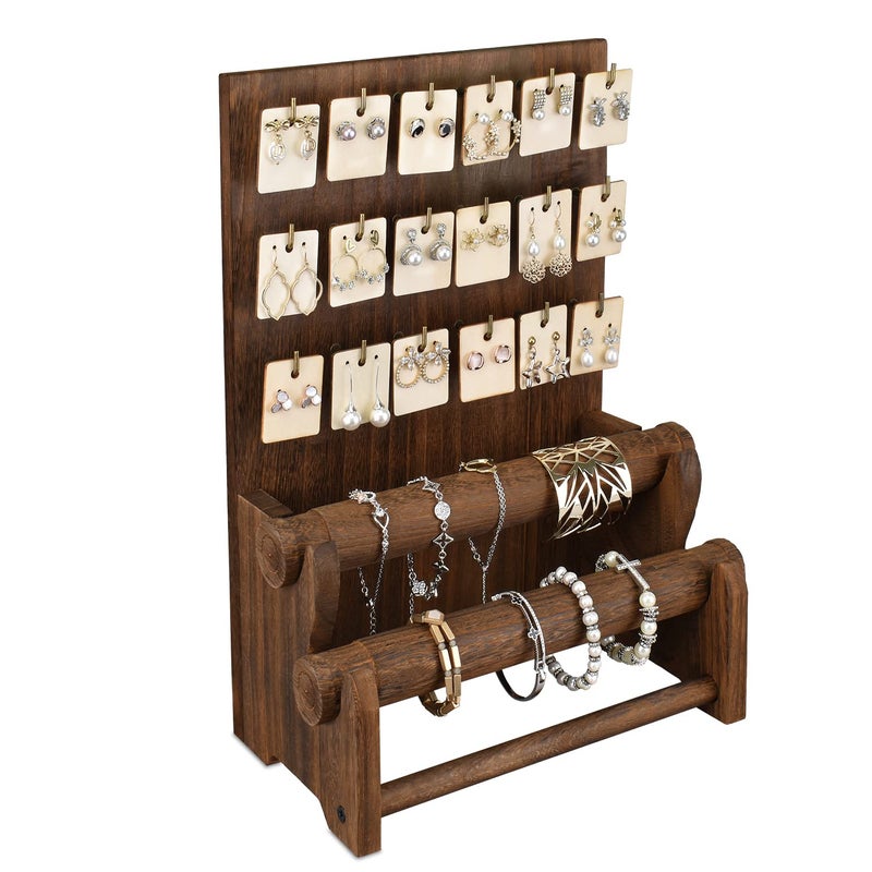 Ikee Design 18 Hooks and 2 Removable Bars Wood Jewelry Holder Organizer Stand Earring Bracelet Jewelry Display Stand Organizer Necklace Bracelet Holder Brown Color - Image 2