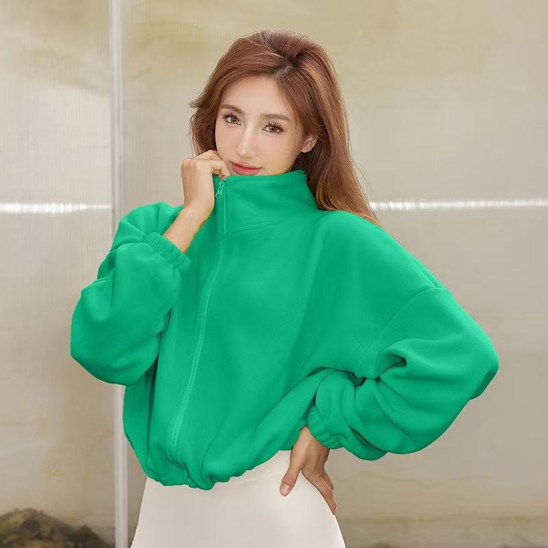 Women'S Thickened Sports Coat Lambswool Stand Collar Loose Drawstring Zipper Sweater Fashion Girl Jian - Image 1