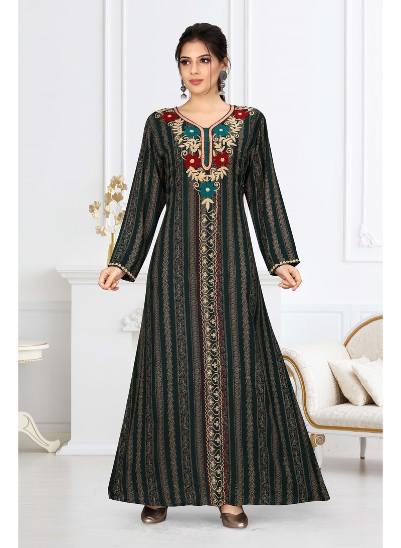 زينة فستان جلابية أنيقة نسائي مطبوع بتطريز يدوي - ياقة دائرية وأكمام طويلة - قفطان محتشم - Image 1