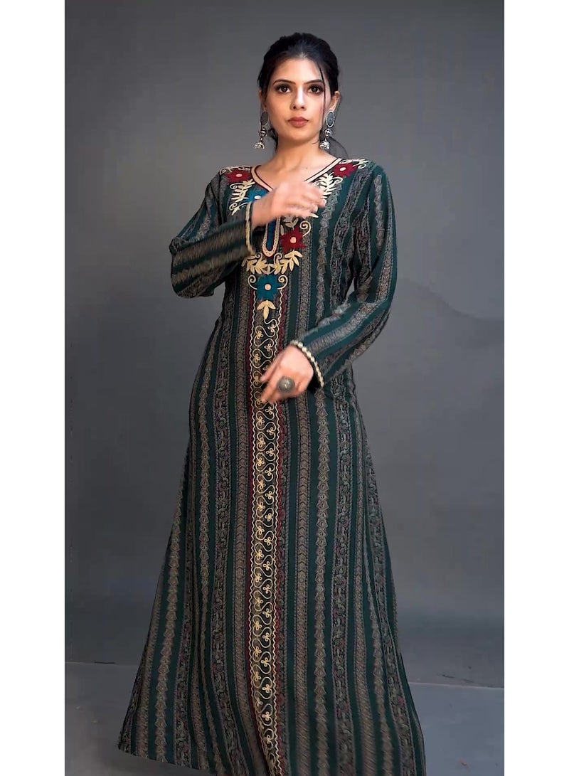 زينة فستان جلابية أنيقة نسائي مطبوع بتطريز يدوي - ياقة دائرية وأكمام طويلة - قفطان محتشم - Image 3