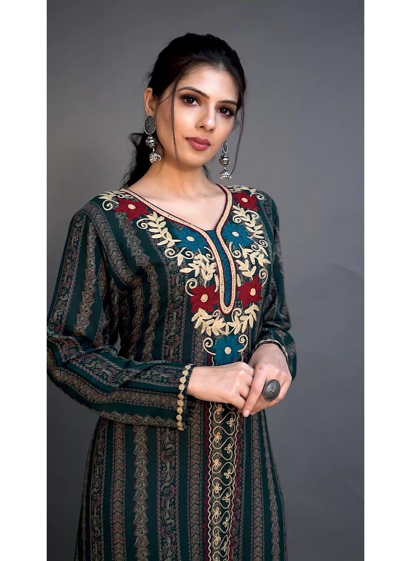 زينة فستان جلابية أنيقة نسائي مطبوع بتطريز يدوي - ياقة دائرية وأكمام طويلة - قفطان محتشم - Image 4