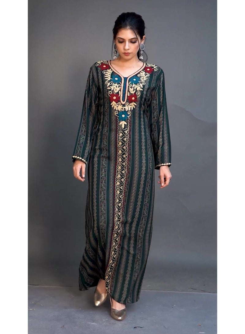زينة فستان جلابية أنيقة نسائي مطبوع بتطريز يدوي - ياقة دائرية وأكمام طويلة - قفطان محتشم - Image 5