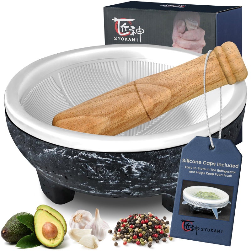 SYOKAMI No Rock Powder 2 Cup Mortar and Pestle Set with Silicone Covers, 6.5 Inch World's 1st Lightweight Molcajete Mexicano with Grinding Ridge, High Efficiency for Guacamole, Spice and Herb, Gift - Image 1