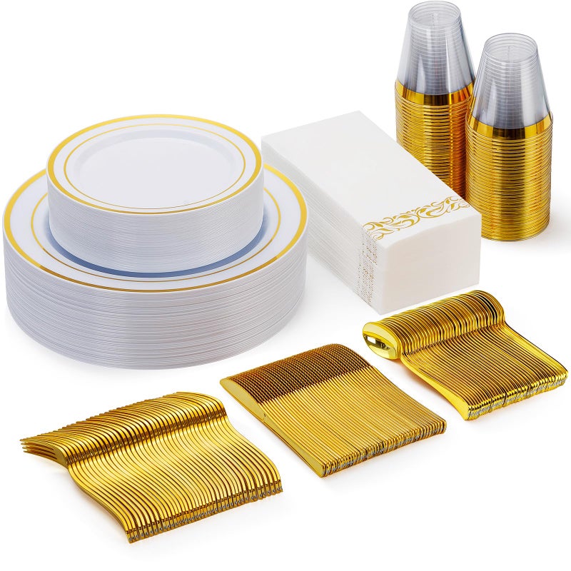 Goodluck 175 Piece Gold Dinnerware Set for 25 Guests Plastic Plates Disposable for Party Include 25 Gold Rim Dinner Plates 25 Dessert Plates 25 Paper Napkins 25 Cups 25 Gold Silverware Set