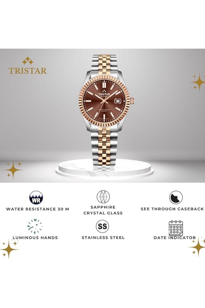 Tristar ساعة تريستار RD للرجال اليابانية الأوتوماتيكية بقرص بني وسوار من الفولاذ المقاوم للصدأ بتصميم ثنائي اللون - Image 4
