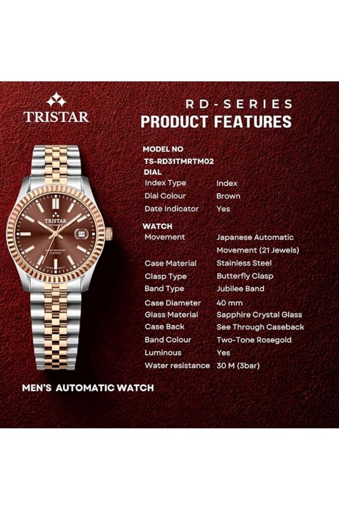 Tristar ساعة تريستار RD للرجال اليابانية الأوتوماتيكية بقرص بني وسوار من الفولاذ المقاوم للصدأ بتصميم ثنائي اللون - Image 3