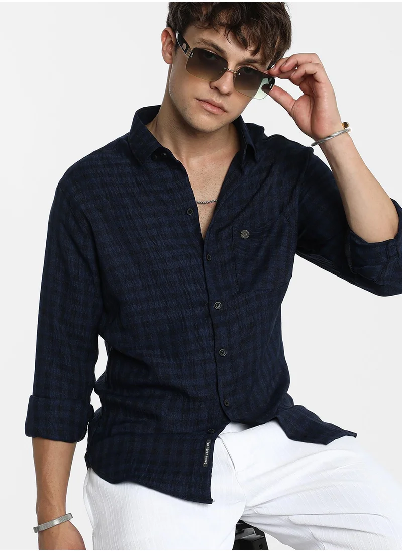كامبوس سوترا Men's Indigo Blue Gingham Check Shirt