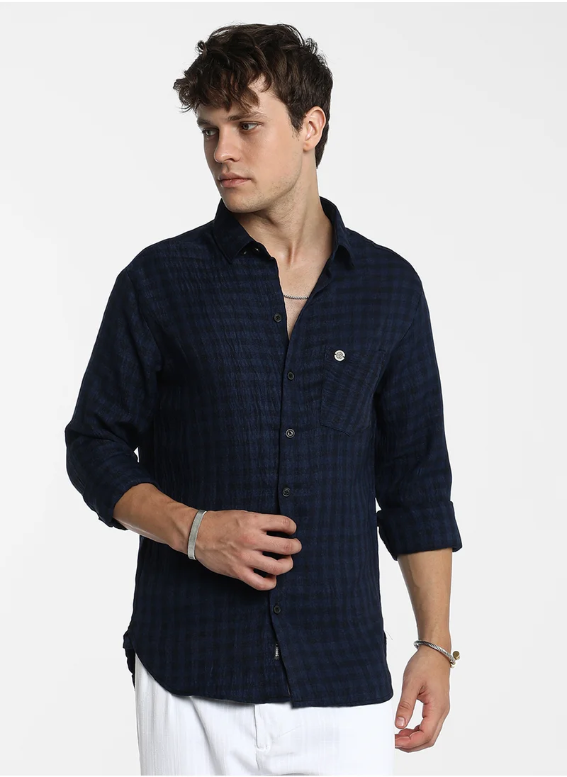 كامبوس سوترا Men's Indigo Blue Gingham Check Shirt