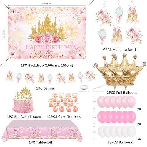 jenlion Happy Birthday Decorations For Women MenBirthday BackdropBanner BalloonsTable ClothPaper pom poms Party Supplies for Girls Boys Princess - Image 5