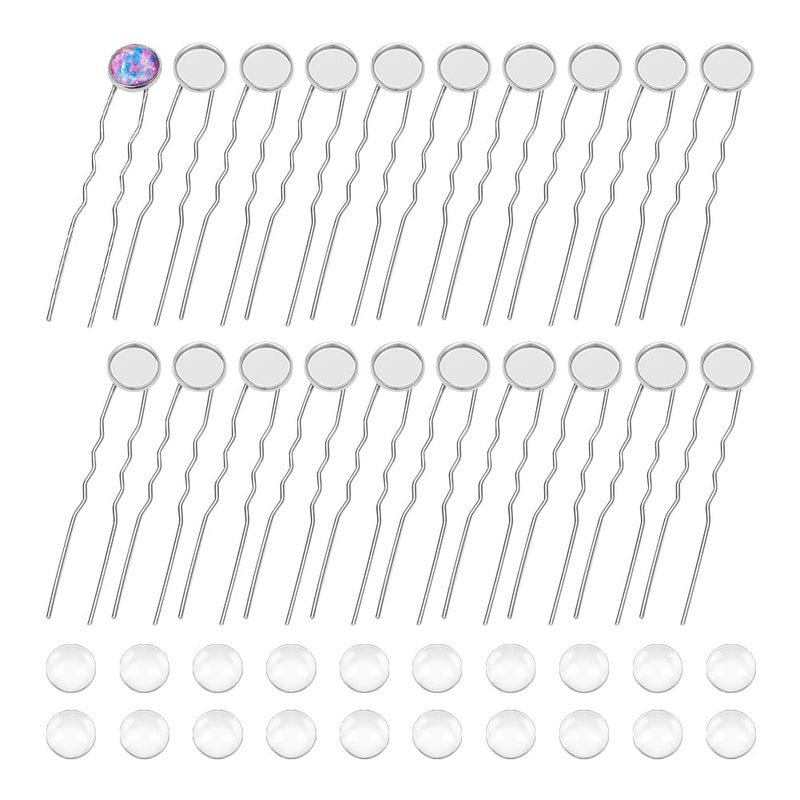 UNICRAFTALE 20 Sets U Shape Hairpins Platinum Round Bezel Tray Blank Hair Pins Brass DIY Cabochon Hair Pins Supplies with Glass Cabochons 12mm Tray Hair Clips 80mm Long Hair Fork for Jewelry Making