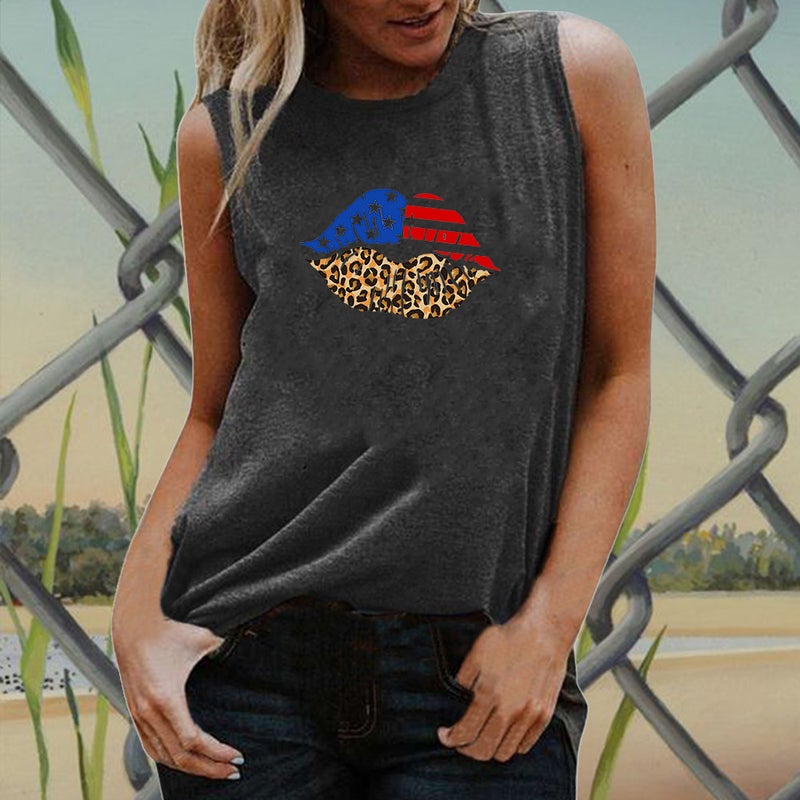 202 Independence Day Spring Cross-border New Creative Flag Lip Print Pattern Women Sleeveless T-shirt - Image 1