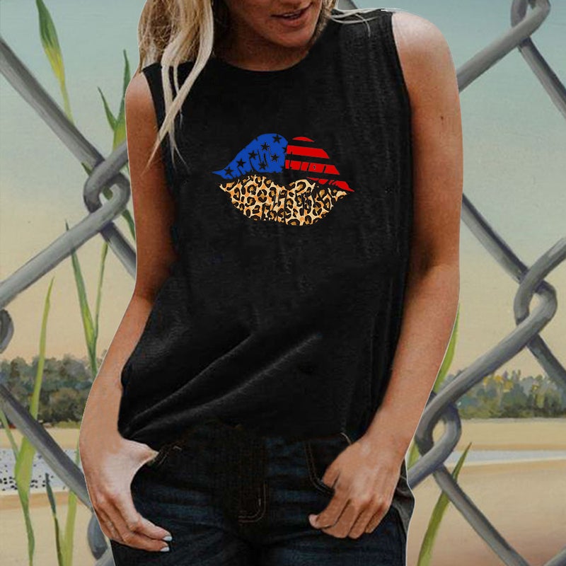 202 Independence Day Spring Cross-border New Creative Flag Lip Print Pattern Women Sleeveless T-shirt - Image 5