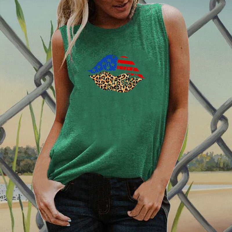 202 Independence Day Spring Cross-border New Creative Flag Lip Print Pattern Women Sleeveless T-shirt - Image 4