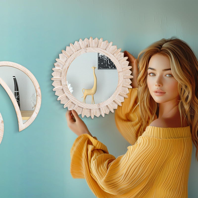 WAKOSAN Wall Mirror, Moon Phase Mirror Set, Wall Decor for Bedroom, Bohemian 5PCS Wooden and Real Glass Mirror with Crystal Clear Reflection, Boho Decor, Multi-Angle Installation (White) - Image 3