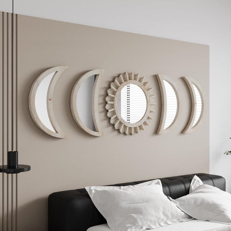 WAKOSAN Wall Mirror, Moon Phase Mirror Set, Wall Decor for Bedroom, Bohemian 5PCS Wooden and Real Glass Mirror with Crystal Clear Reflection, Boho Decor, Multi-Angle Installation (White) - Image 1