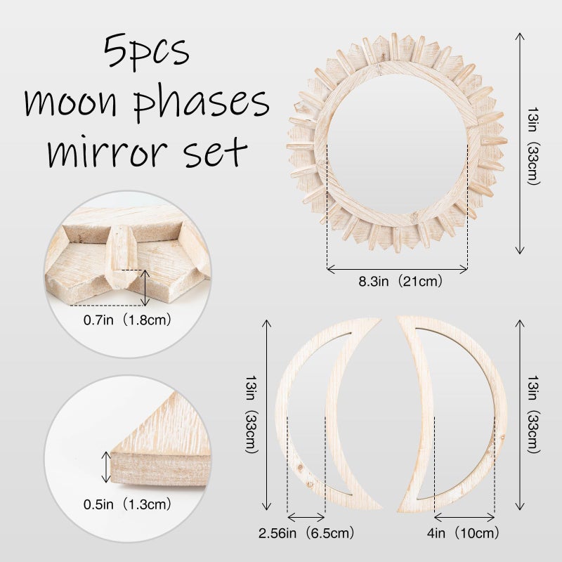 WAKOSAN Wall Mirror, Moon Phase Mirror Set, Wall Decor for Bedroom, Bohemian 5PCS Wooden and Real Glass Mirror with Crystal Clear Reflection, Boho Decor, Multi-Angle Installation (White) - Image 2