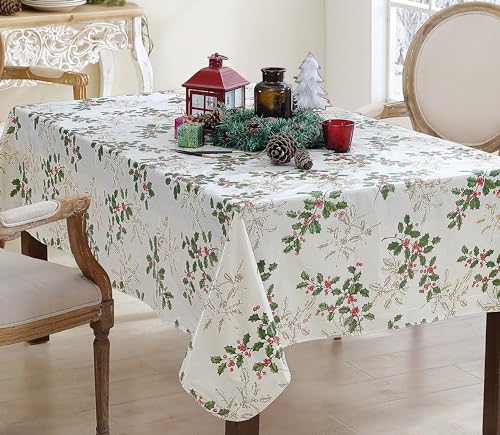 Newbridge Christmas Golden Holly Vinyl Tablecloth with Flannel Backing Metallic Gold Holly Berry Print Wipe Clean Easy Care 60 x 102 Inch Rectangle - Image 1