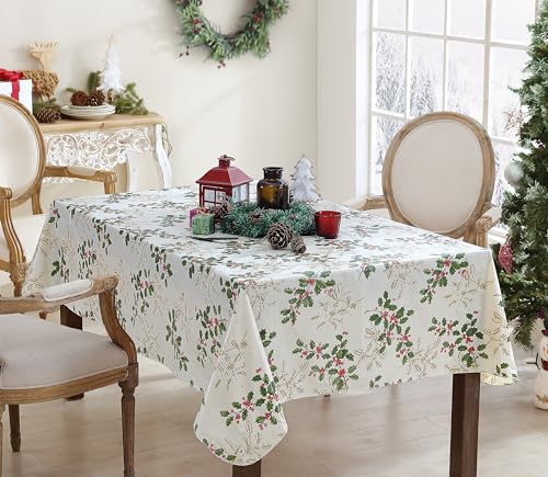 Newbridge Christmas Golden Holly Vinyl Tablecloth with Flannel Backing Metallic Gold Holly Berry Print Wipe Clean Easy Care 60 x 102 Inch Rectangle - Image 3