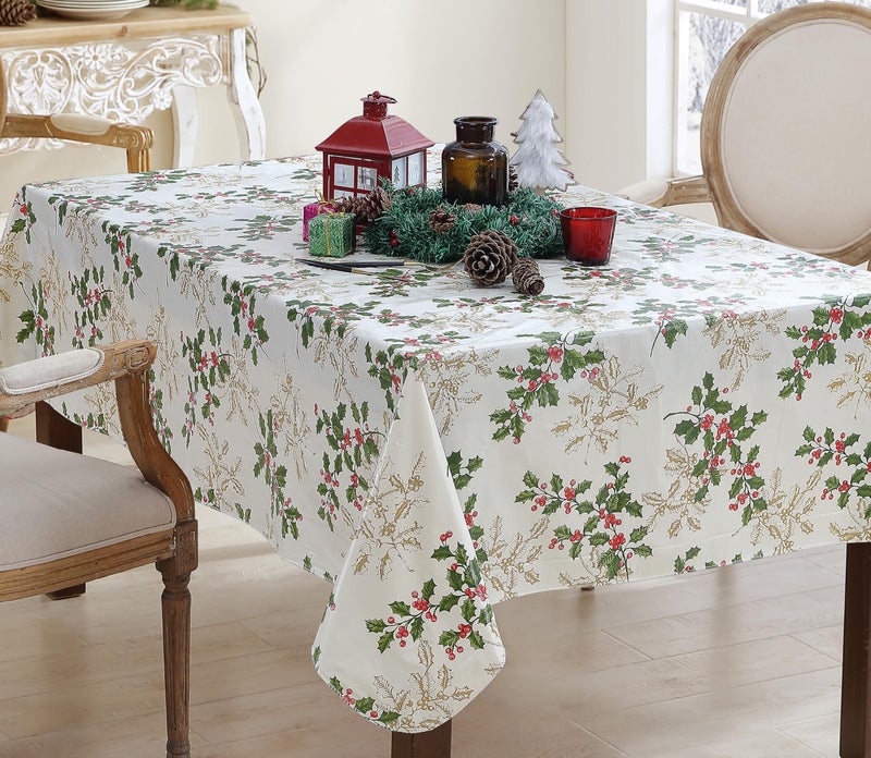 Newbridge Christmas Golden Holly Vinyl Tablecloth with Flannel Backing Metallic Gold Holly Berry Print Wipe Clean Easy Care 60 x 102 Inch Rectangle - Image 2