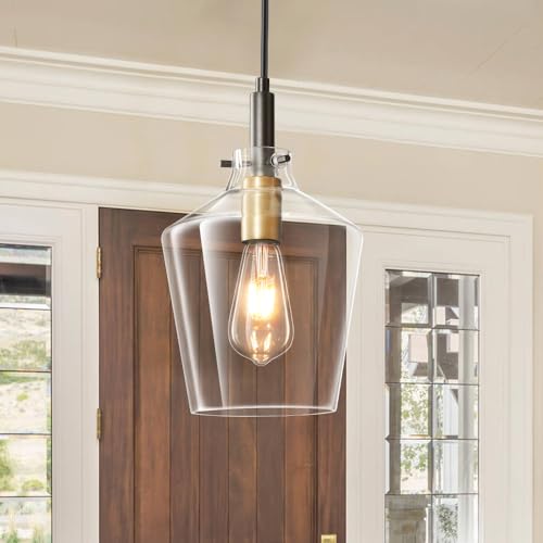 Vaziden Modern Glass Pendant Lighting for Kitchen Island, Farmhouse Black and Gold Pendant Light Fixtures 1 Pack, Adjustable Hanging Ceiling Light Angled Clear Glass Shades 8 Inch - Image 1