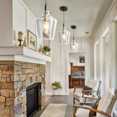 Vaziden Modern Glass Pendant Lighting for Kitchen Island, Farmhouse Black and Gold Pendant Light Fixtures 1 Pack, Adjustable Hanging Ceiling Light Angled Clear Glass Shades 8 Inch - Image 3