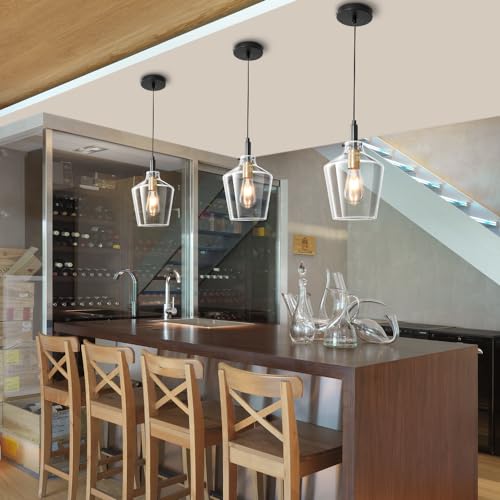 Vaziden Modern Glass Pendant Lighting for Kitchen Island, Farmhouse Black and Gold Pendant Light Fixtures 1 Pack, Adjustable Hanging Ceiling Light Angled Clear Glass Shades 8 Inch - Image 2
