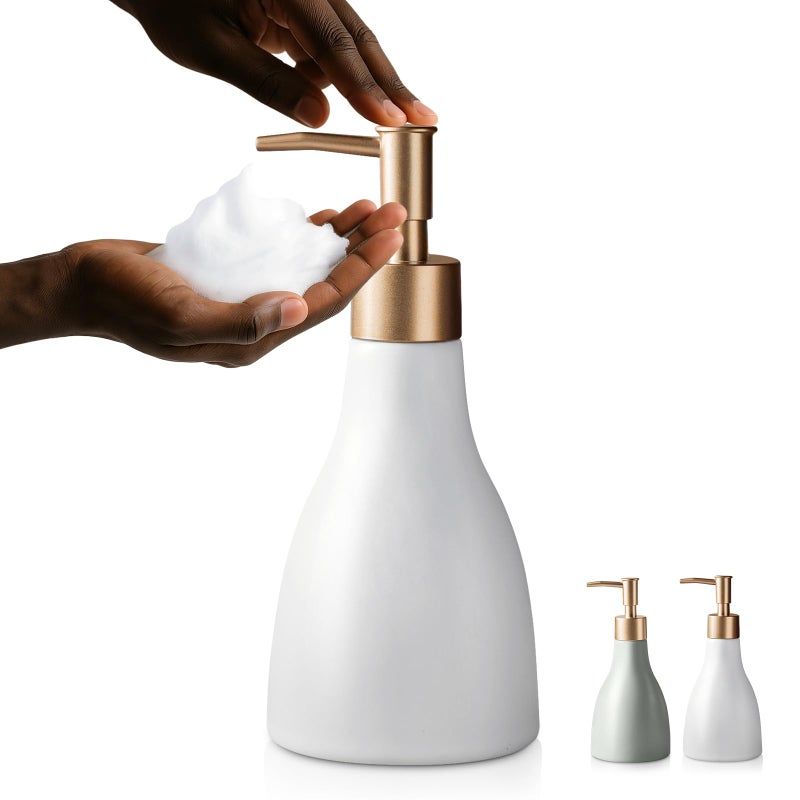 Gold Dispenser Bottle for Bathroom Countertop Ceramic White Dish Soap Dispenser for Kitchen Sink Soap Pump Lotion Modern Hand Soap Dispenser with Gold Pump for Liquid Laundry Shower 280ml