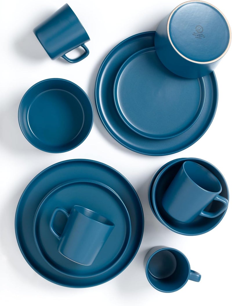 Lorren Home Trends Blue Stoneware Dinnerware Set 16 Piece Service for 4 Microwave and Dishwasher Safe - Image 2
