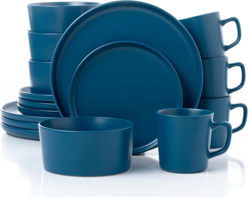 Lorren Home Trends Blue Stoneware Dinnerware Set 16 Piece Service for 4 Microwave and Dishwasher Safe - Image 1