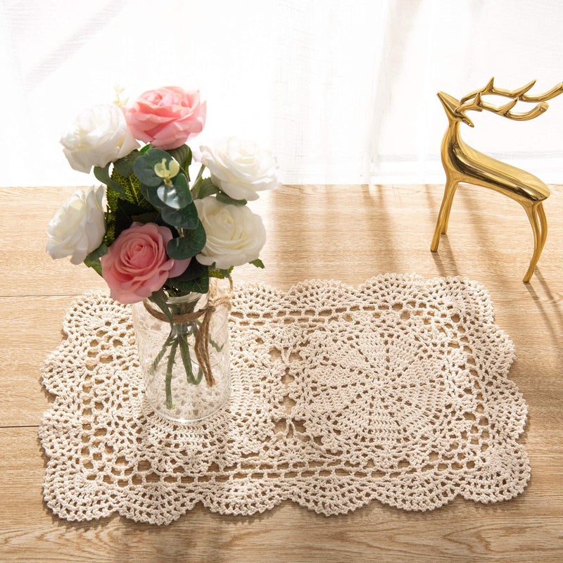Eiyye Handmade Rectangle Doilies 2Piece Handmade Crochet Cotton Doilies Lace Table Crochet Placemats Coaster 106x169 inch Beige