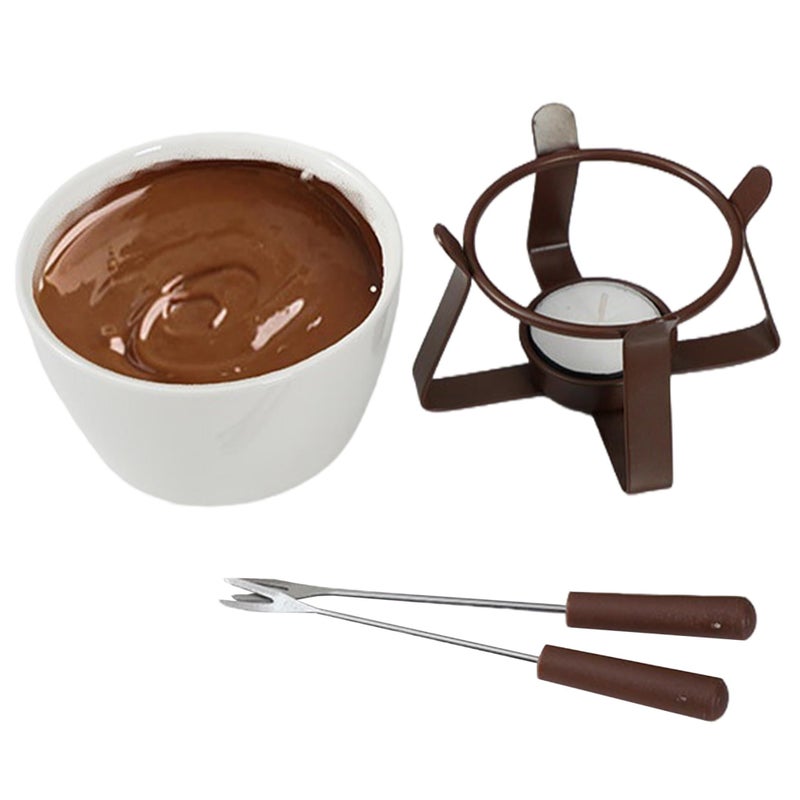 Ceramic Fondue Mug Set With 2 Forks And Iron Stand Chocolate Melting Cup - Image 3